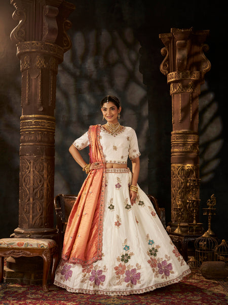 White Wedding Wear Sindoor Satin Embroidered Lehenga Choli