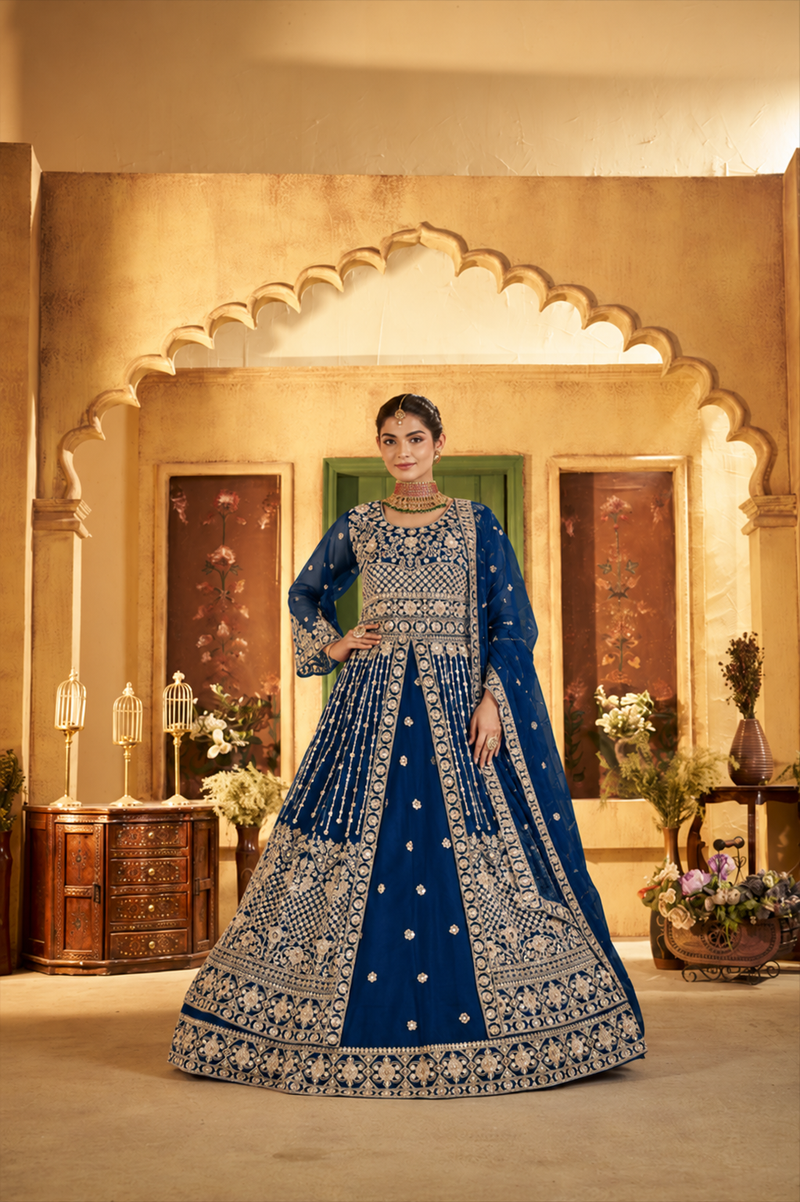 Green Festive Satin Embroidered Lehenga Set