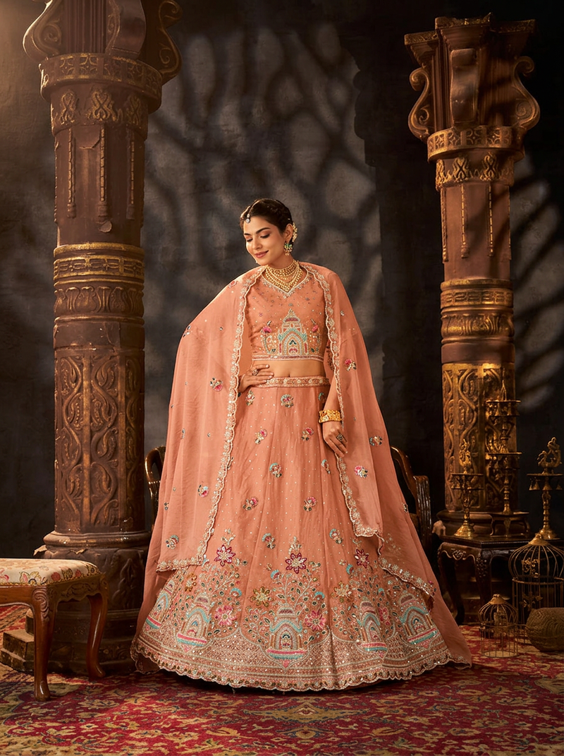 Peach Festive Moss Butti Embroidered Lehenga Choli
