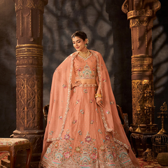 Peach Festive Moss Butti Embroidered Lehenga Choli