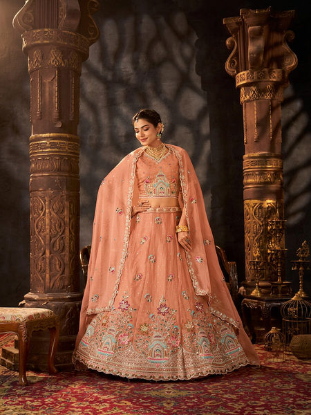 Peach Festive Moss Butti Embroidered Lehenga Choli