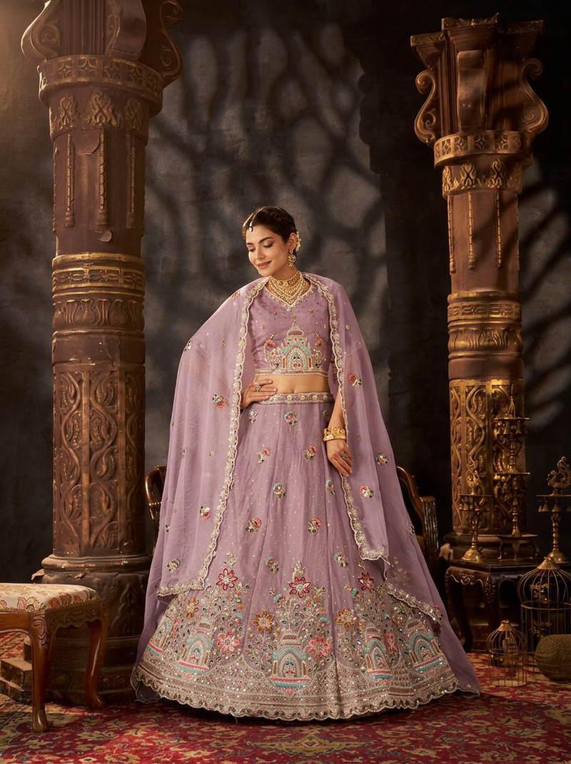 Peach Festive Moss Butti Embroidered Lehenga Choli