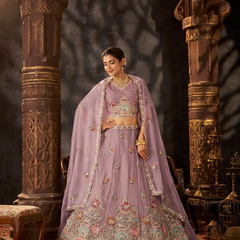 Peach Festive Moss Butti Embroidered Lehenga Choli