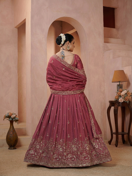 Onion Pink Wedding Vichitra Embroidered Lehenga