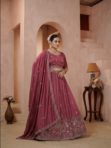 Onion Pink Wedding Vichitra Embroidered Lehenga
