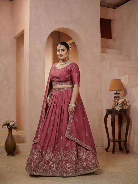 Onion Pink Wedding Vichitra Embroidered Lehenga