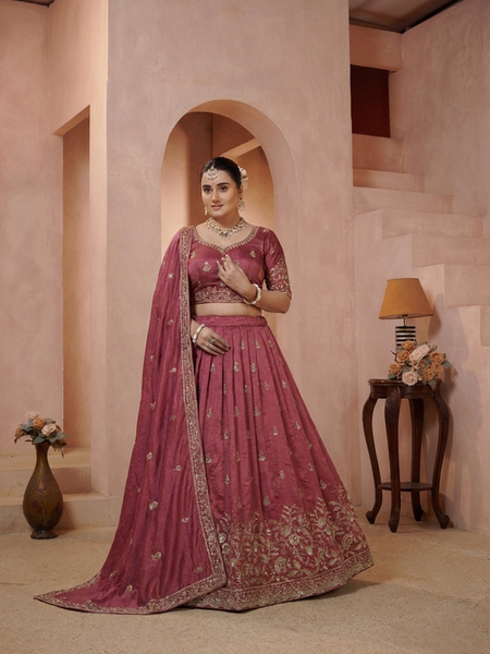 Onion Pink Wedding Vichitra Embroidered Lehenga