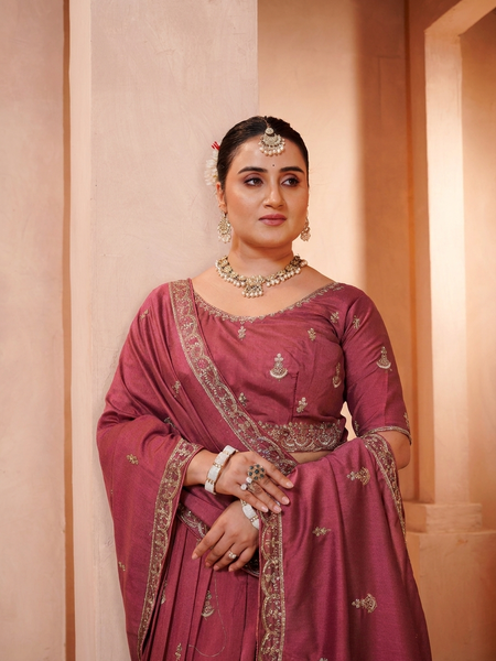 Onion Pink Wedding Vichitra Embroidered Lehenga