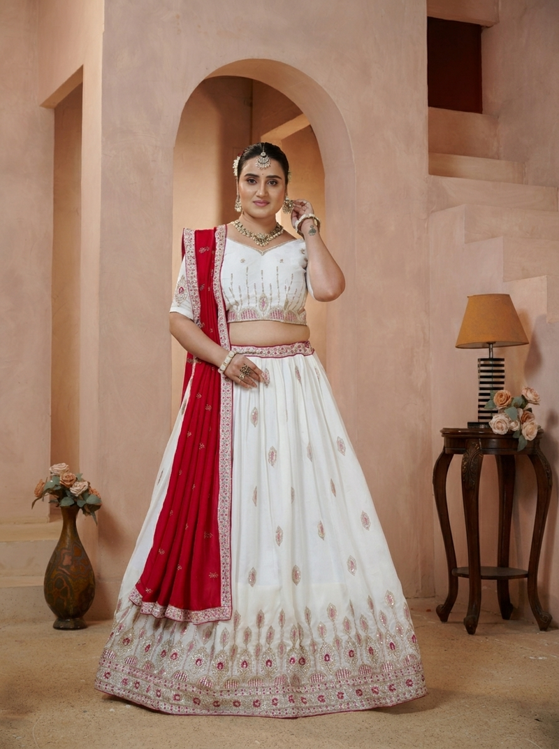 White Vichitra Lehenga with Maroon Dupatta and Embroidery