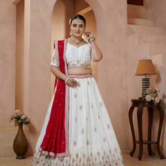 White Vichitra Lehenga with Maroon Dupatta and Embroidery