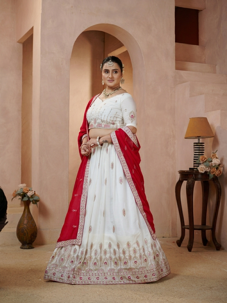White Vichitra Lehenga with Maroon Dupatta and Embroidery