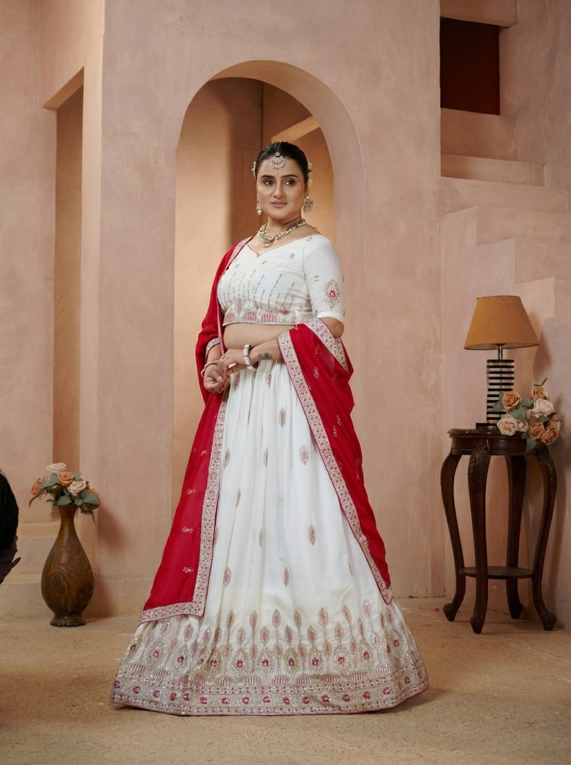 White Vichitra Embroidered Elegant Lehenga Choli