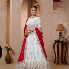 White Vichitra Embroidered Elegant Lehenga Choli