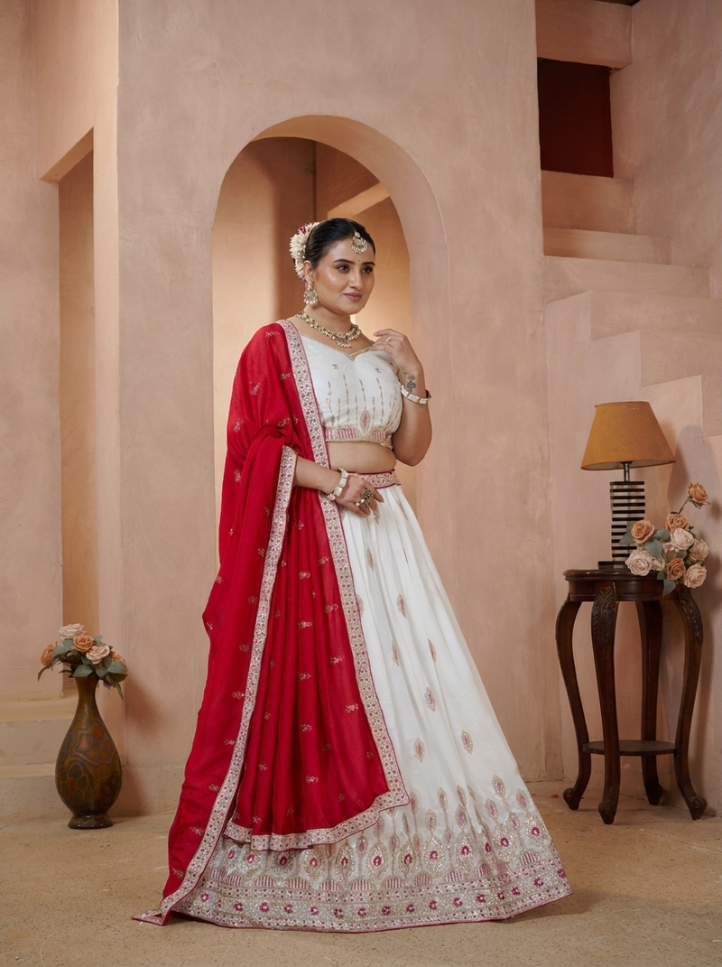 White Vichitra Embroidered Elegant Lehenga Choli