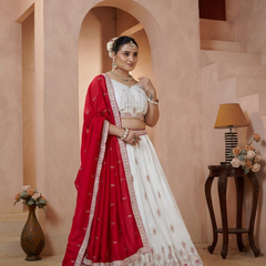 White Vichitra Embroidered Elegant Lehenga Choli