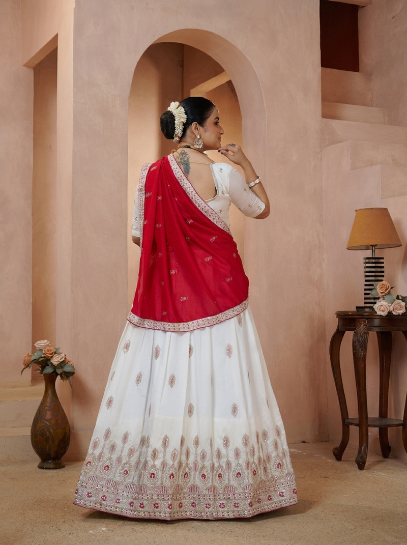 White Vichitra Lehenga with Maroon Dupatta and Embroidery
