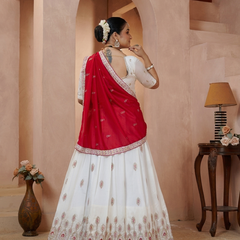 White Vichitra Lehenga with Maroon Dupatta and Embroidery