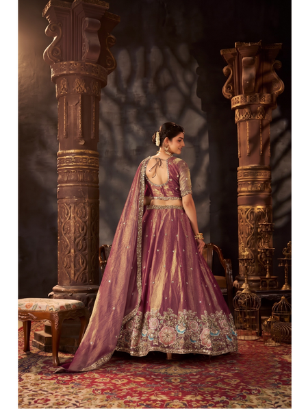 Golden Ethnic Moss Silk Embroidered Lehenga Set