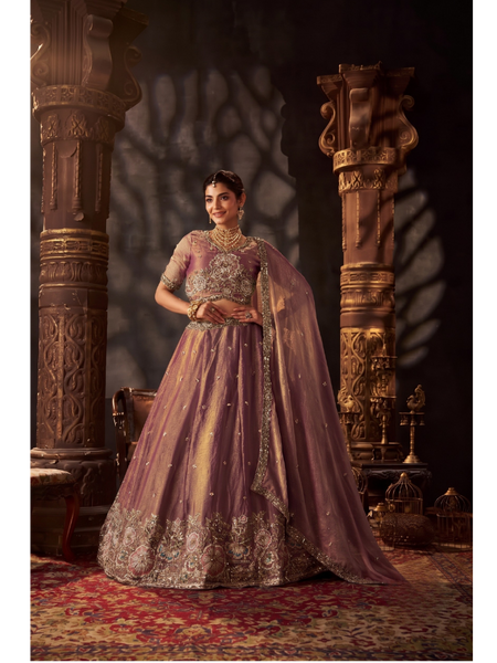 Golden Ethnic Moss Silk Embroidered Lehenga Set