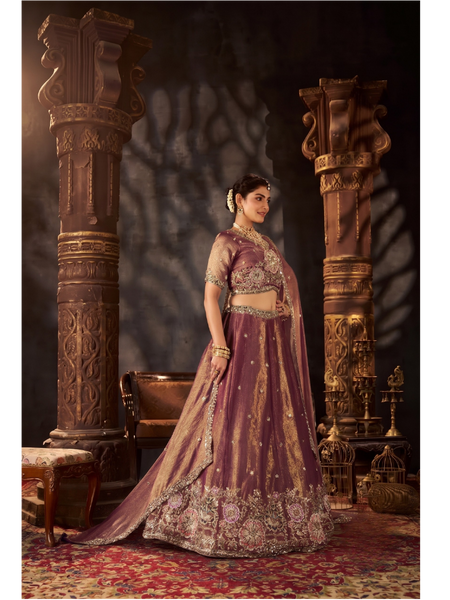 Golden Ethnic Moss Silk Embroidered Lehenga Set