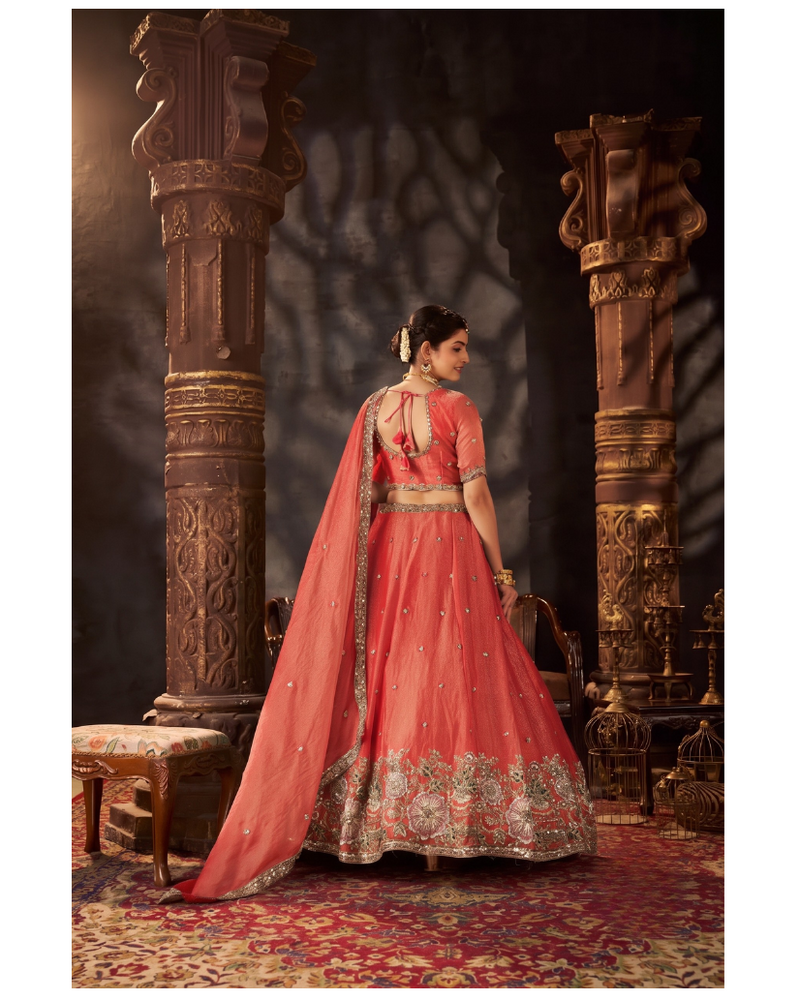 Sea Blue Embroidered Moss Silk Lehenga Choli