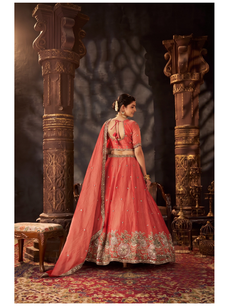 Orange Traditional Moss Silk Embroidered Lehenga