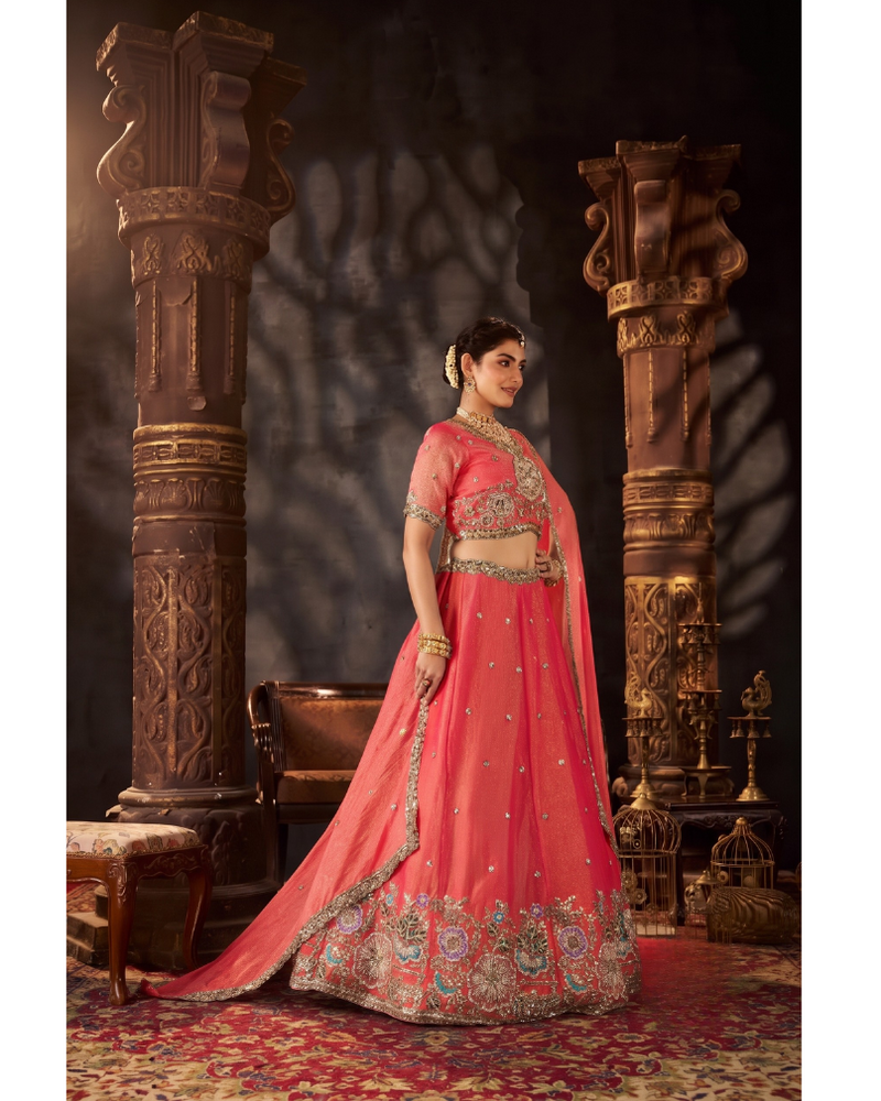 Sea Blue Embroidered Moss Silk Lehenga Choli