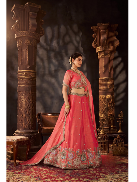 Orange Traditional Moss Silk Embroidered Lehenga