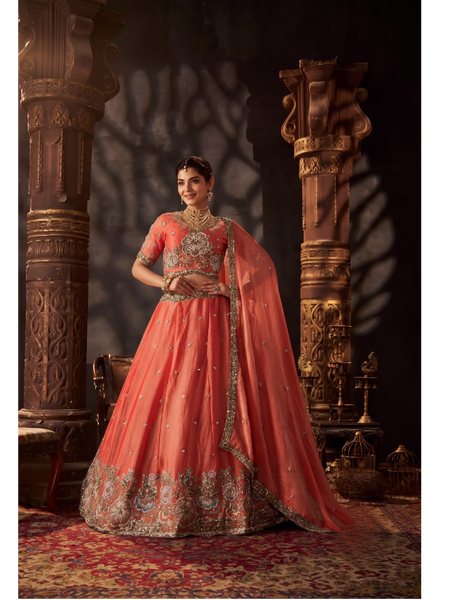 Orange Traditional Moss Silk Embroidered Lehenga