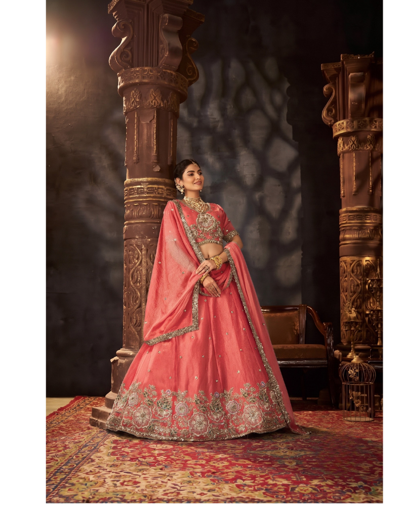 Sea Blue Embroidered Moss Silk Lehenga Choli