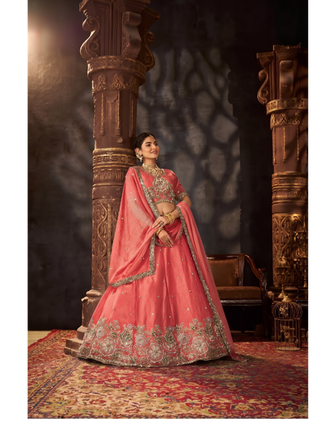 Orange Traditional Moss Silk Embroidered Lehenga