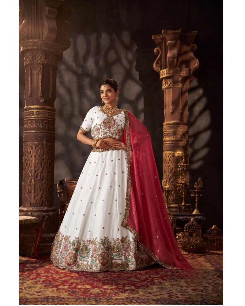 Sea Blue Embroidered Moss Silk Lehenga Choli