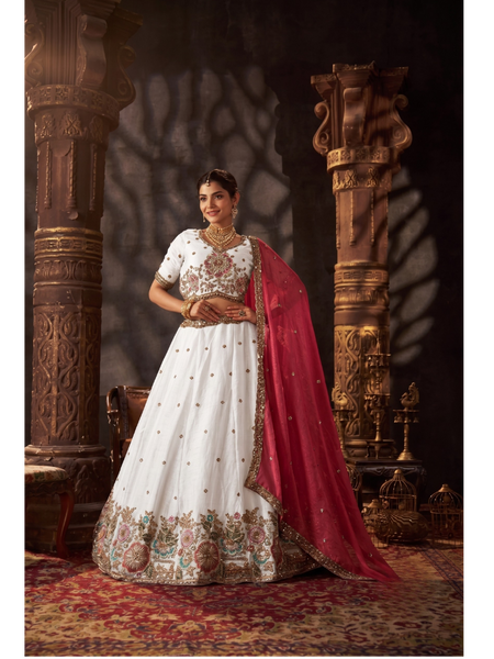 Elegant White Moss Silk Festive Lehenga Set