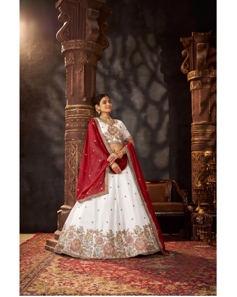 Sea Blue Embroidered Moss Silk Lehenga Choli