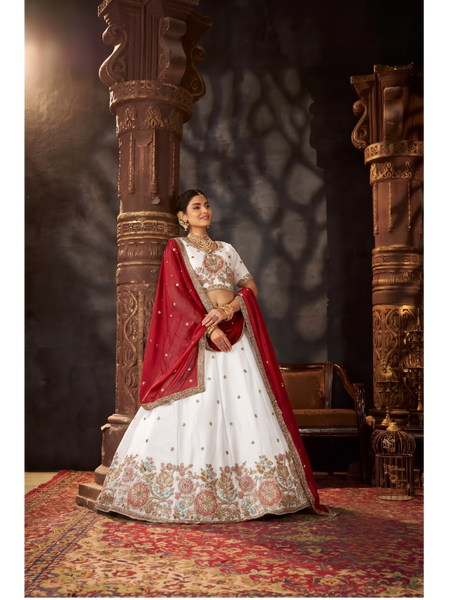 Elegant White Moss Silk Festive Lehenga Set