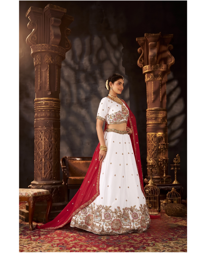 Sea Blue Embroidered Moss Silk Lehenga Choli