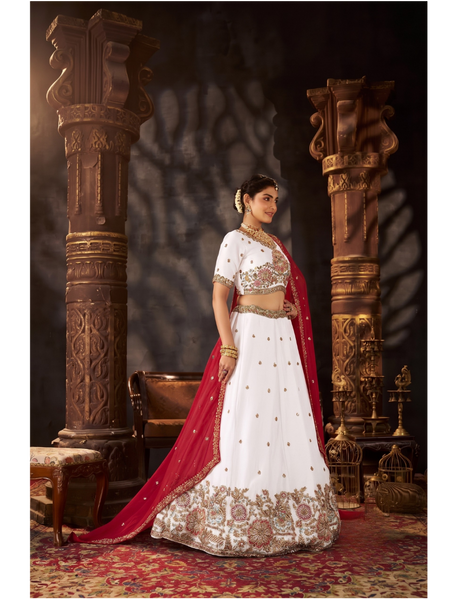 Elegant White Moss Silk Festive Lehenga Set
