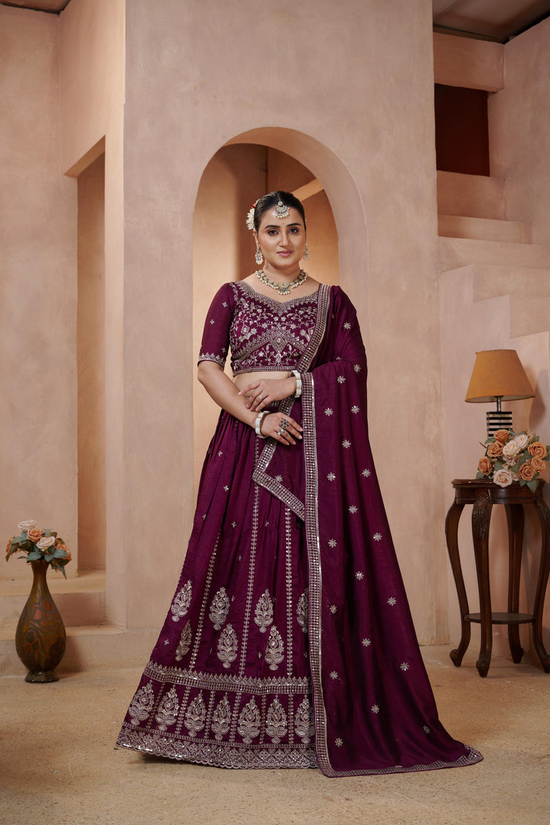 Purple Contemporary Ethnic Vichitra Embroidered Lehenga Choli