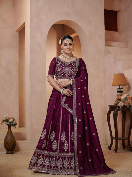 Purple Contemporary Ethnic Vichitra Embroidered Lehenga Choli