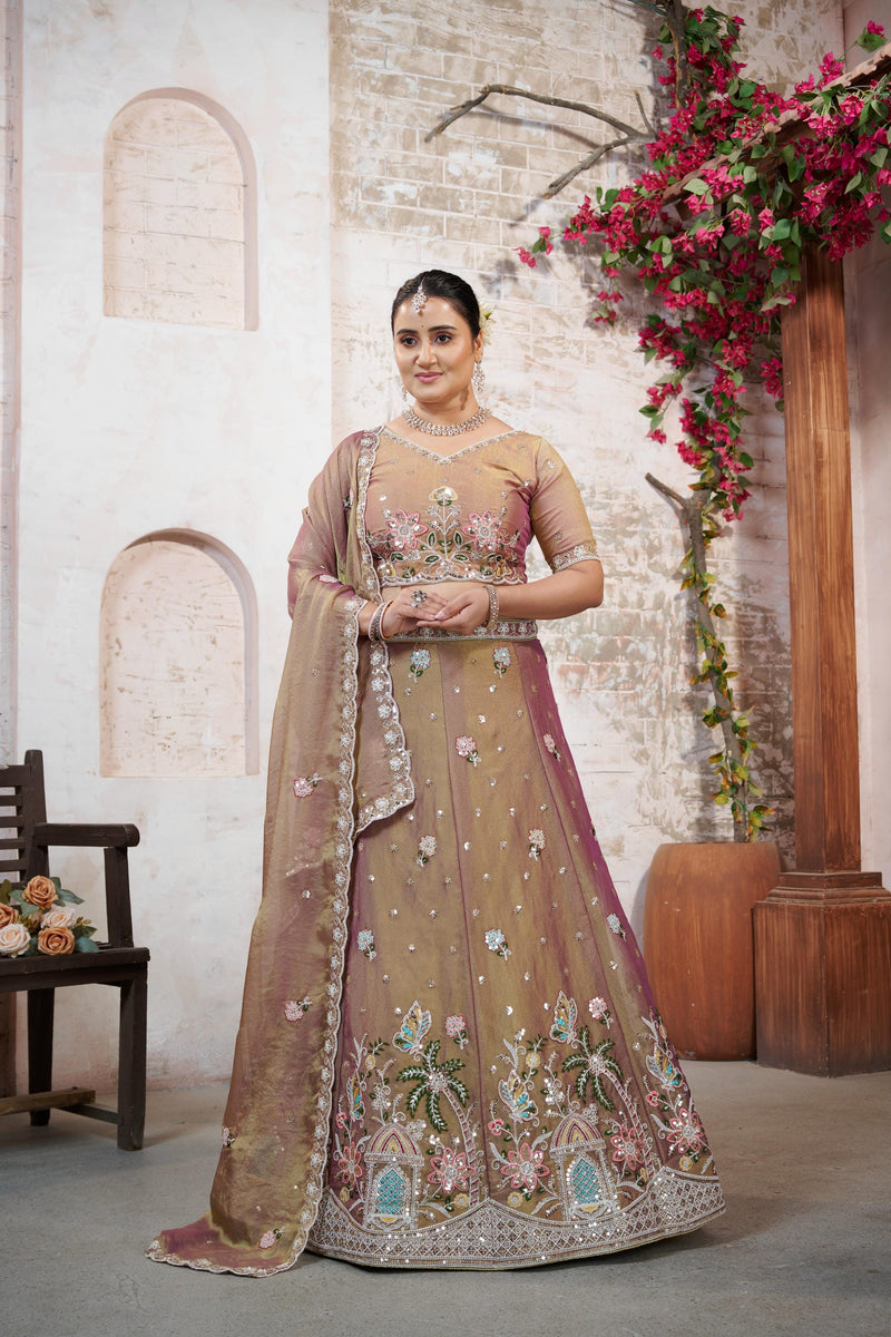 Copper Brown Embroidered Moss Silk Ethnic Lehenga Set