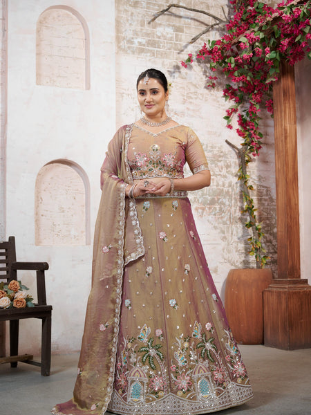 Copper Brown Embroidered Moss Silk Ethnic Lehenga Set