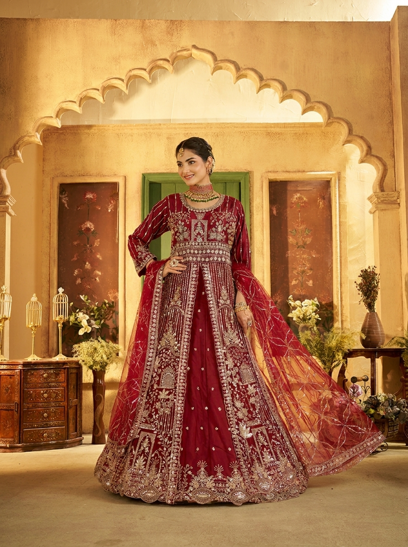 Firozi Contemporary Ethnic Embroidered Satin Lehenga
