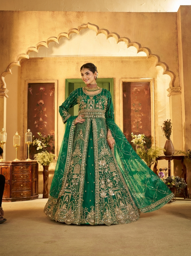 Firozi Contemporary Ethnic Embroidered Satin Lehenga