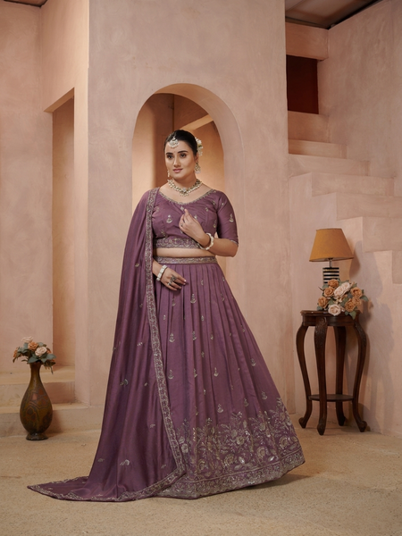 Wine Vichitra Embroidered Premium Festive Lehenga Choli