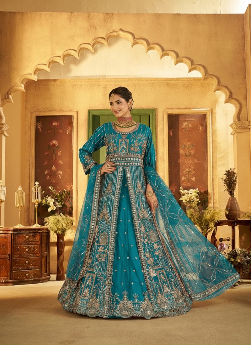Firozi Contemporary Ethnic Embroidered Satin Lehenga