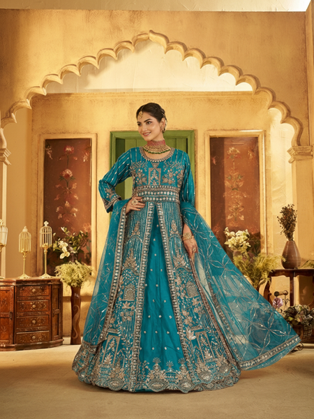 Firozi Contemporary Ethnic Embroidered Satin Lehenga