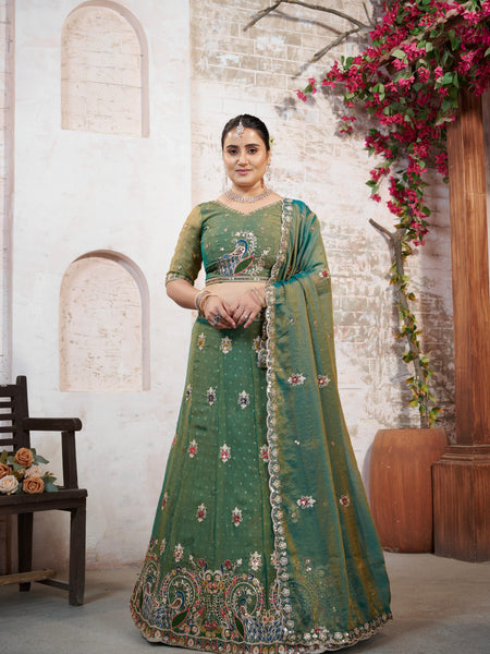 Green Moss Butti Embroidered Occasion Wear Lehenga Choli