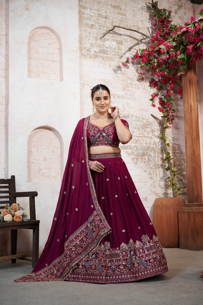 Wine Silk Crush Embroidered Wedding Lehenga