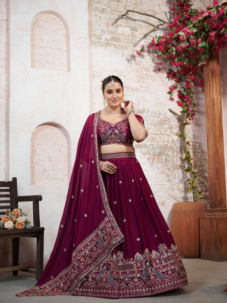 Wine Silk Crush Embroidered Wedding Lehenga