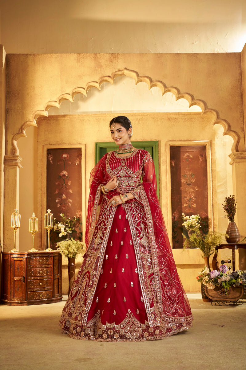 Maroon Sindoor Satin Embroidered Lehenga Set for Women